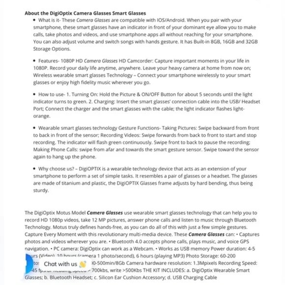 DigiOptix - 1080P HD CAMERA BLUETOOTH EYE GLASSES Spy MOTUS SMART 16GB 12 MP NEW - Picture 12 of 12